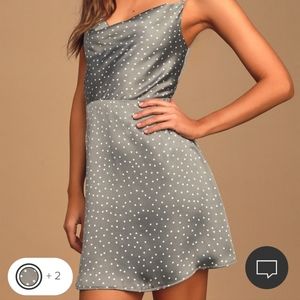 Lulu's Spot In My Heart Sage Grey Polka Dot Satin Cowl Neck Mini Dress